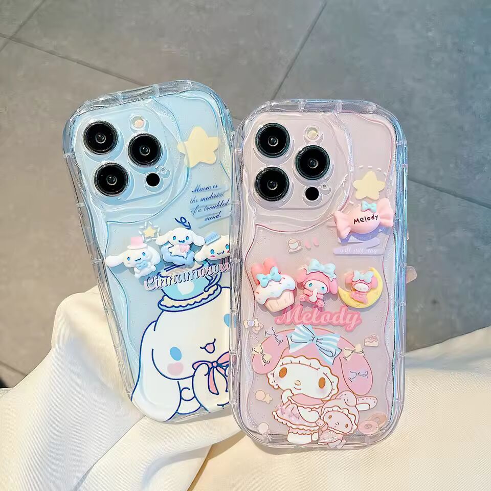 Kawaii Melody Cinnamoroll Cartoon Soft Wave Phone Case for iPhone 16 Pro Max 14 Plus 15 13 Mini 12 11 SE 7 8 Plus With ACC Toy