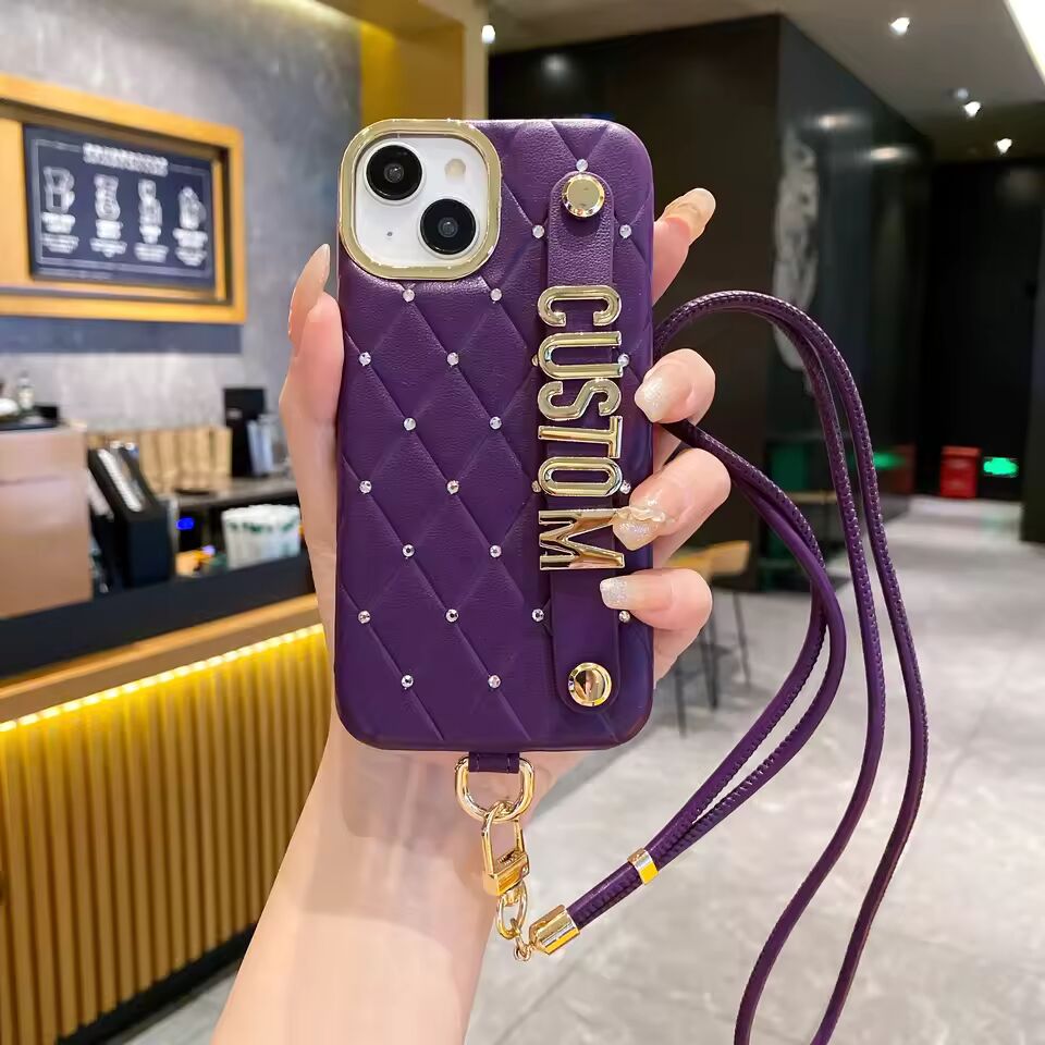 Customized name letter wristband stand full diamond leather Phone case for iPhone16 15 14 13 12Promax crossbody lanyard Cover