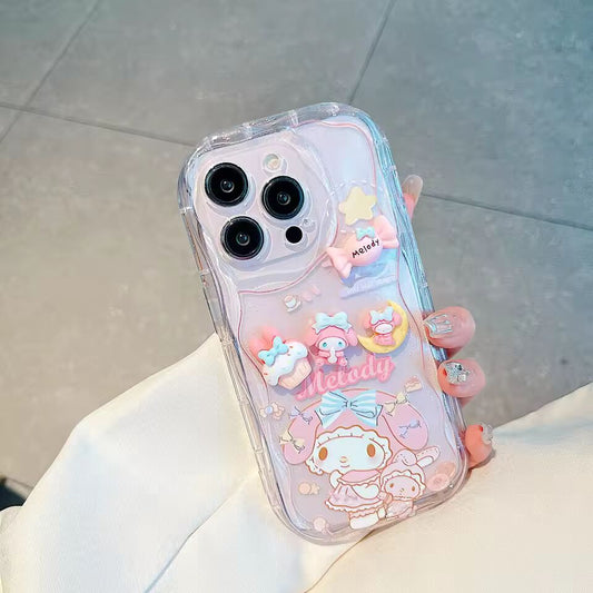 Kawaii Melody Cinnamoroll Cartoon Soft Wave Phone Case for iPhone 16 Pro Max 14 Plus 15 13 Mini 12 11 SE 7 8 Plus With ACC Toy