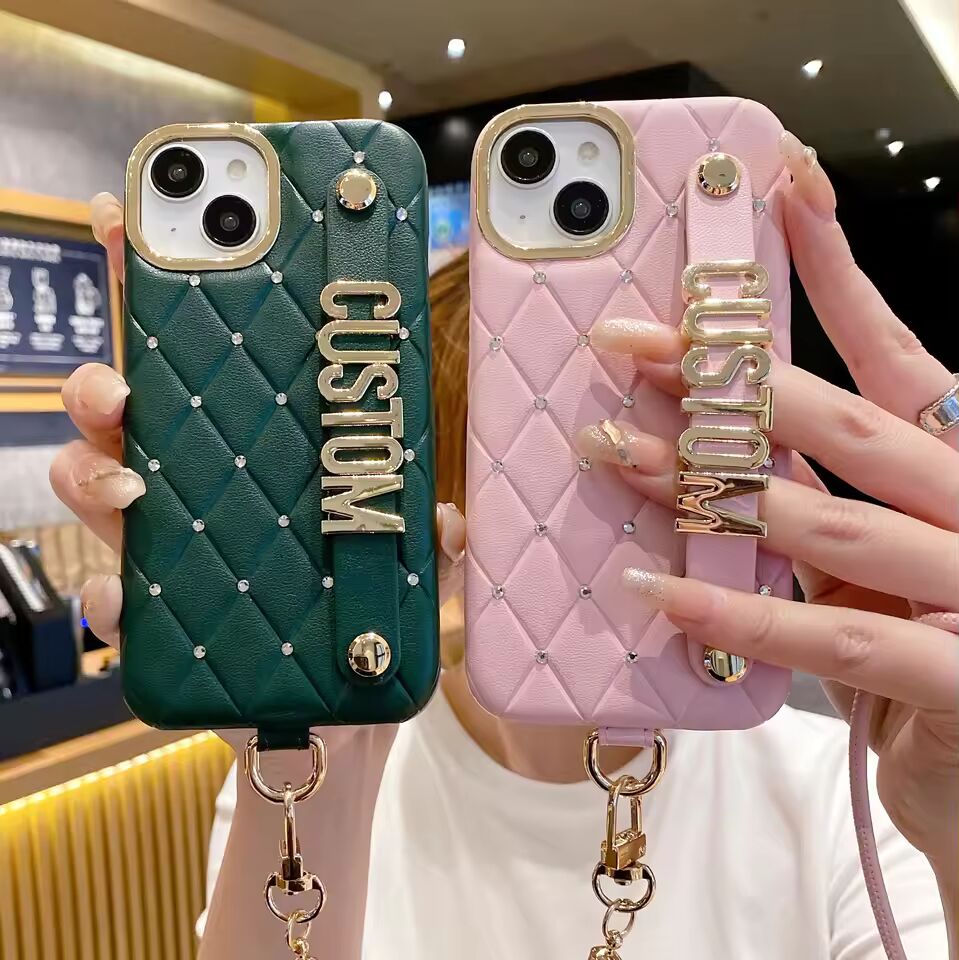 Customized name letter wristband stand full diamond leather Phone case for iPhone16 15 14 13 12Promax crossbody lanyard Cover