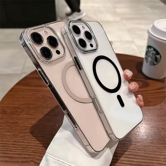 Transparent Phone Case For iPhone 16 15 14 13 Pro Max Plus 16e Thin For Magsafe Magnetic Wireless Metal Buttons Clear Cover